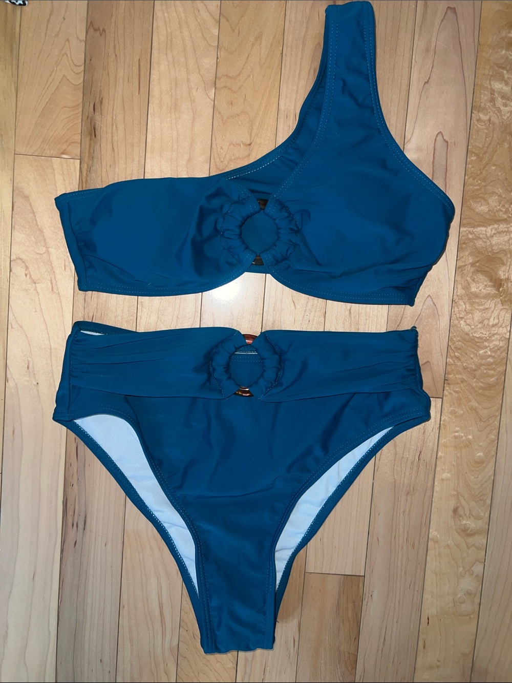SHEIN Teal One-Shoulder Ring Bikini Set